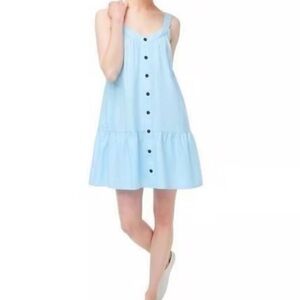 J. Crew Linen Blend Blue Faux Button Front Tiered Sleeveless Swing Dress SZ 16